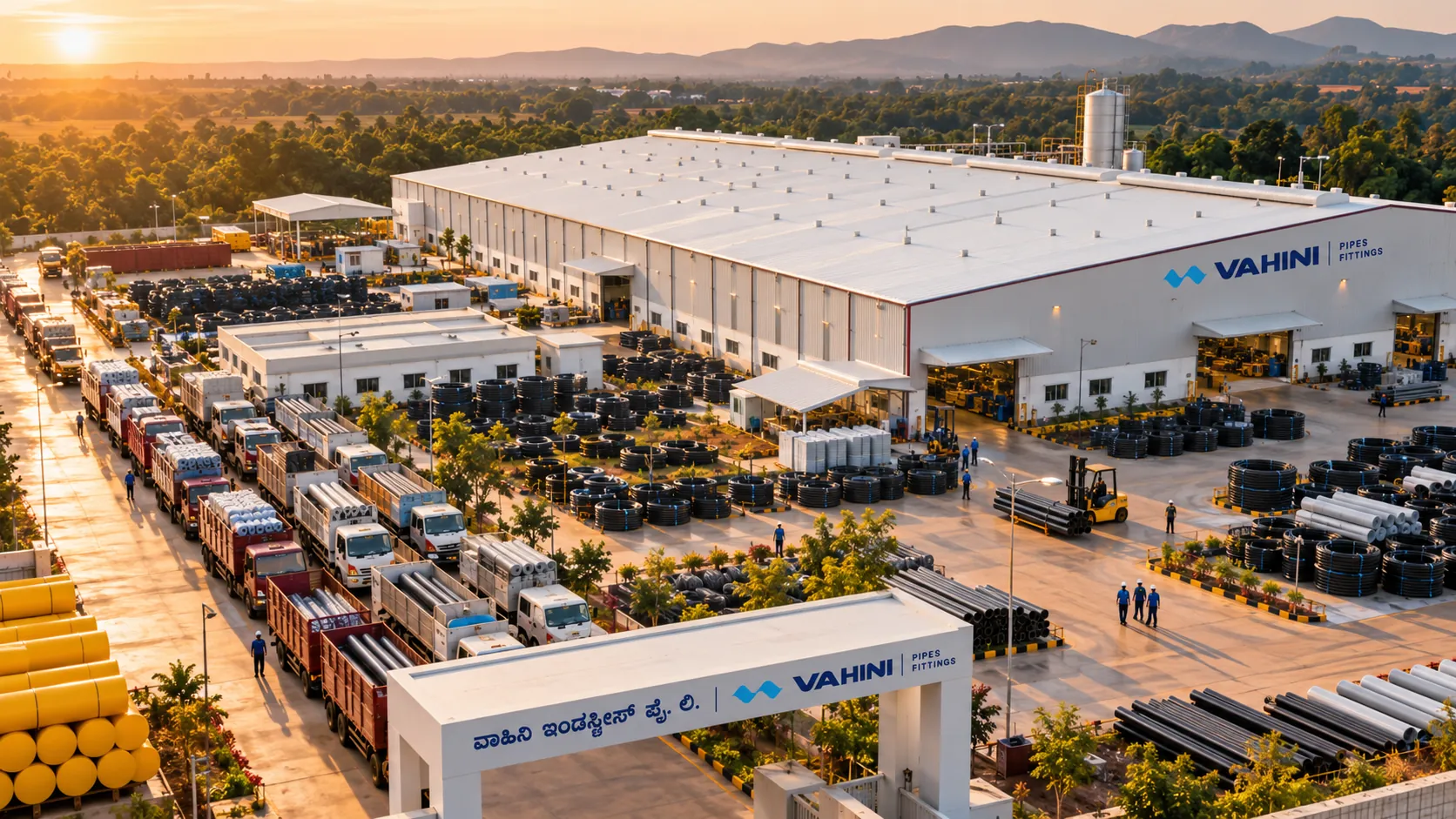 A Vahini pipe plant at golden hour: the main production hall, coiled pipe in the yard and loaded trucks at the gate.