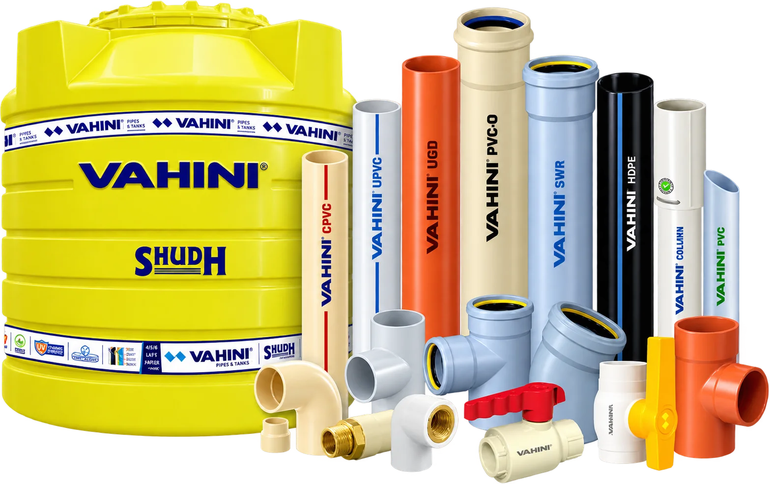 The Vahini range: a yellow Shudh water tank, CPVC, UPVC, UGD, PVC-O, SWR, HDPE and column pipes, and fittings