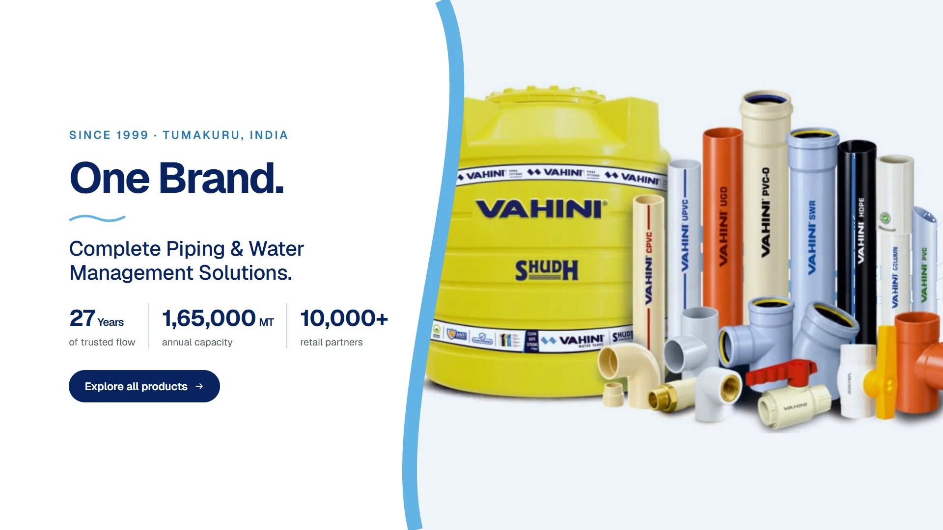 One Brand. Complete Piping & Water Management Solutions. 27 years of trusted flow, 1,65,000 MT annual capacity, 10,000+ retail partners. The Vahini range: a water tank, pipes and fittings.