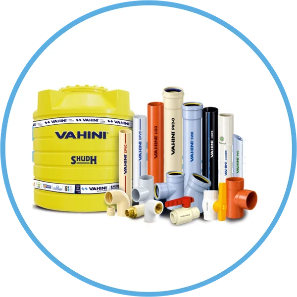 The Vahini range in one frame: a yellow Shudh water tank beside CPVC, UPVC, UGD, PVC-O, SWR, HDPE and column pipes, with their fittings in front.