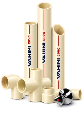 Vahini CPVC pipes standing upright, with elbows, a tee and a brass-seated valve in front