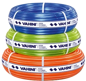 Three coils of Vahini garden pipe in blue, green and orange