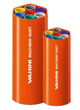 Two orange Vahini multiway ducts, ends open to show seven coloured microducts