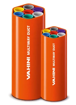 Two orange Vahini multiway ducts, ends open to show seven coloured microducts