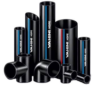 Black Vahini HDPE pipes with blue stripes, and black HDPE tees and elbows