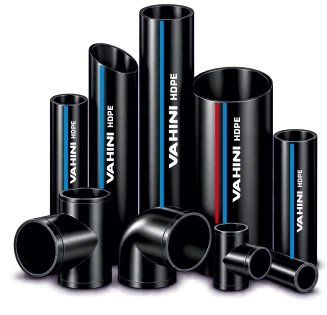 Black Vahini HDPE pipes with blue stripes, and black HDPE tees and elbows