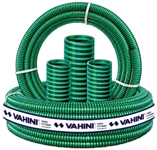 A coil of green Vahini ribbed suction hose with three short lengths standing inside it