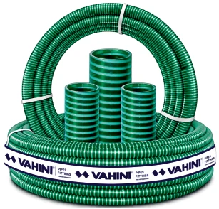A coil of green Vahini ribbed suction hose with three short lengths standing inside it