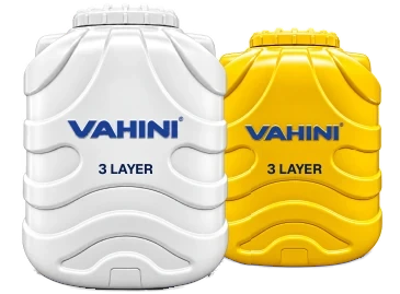 Vahini three-layer blow-moulded water storage tanks in white and yellow