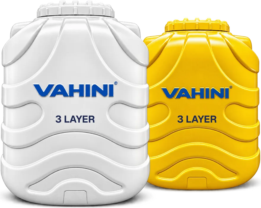 Two Vahini three-layer blow-moulded water storage tanks, one white and one yellow