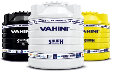 Vahini Shudh roto-moulded water storage tanks in black, white and yellow