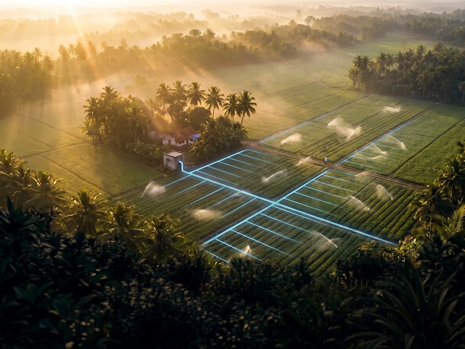 Illustration: farmland and coconut palms from the air at sunrise, with the irrigation lines under the crop rows drawn in glowing blue from a pump house.