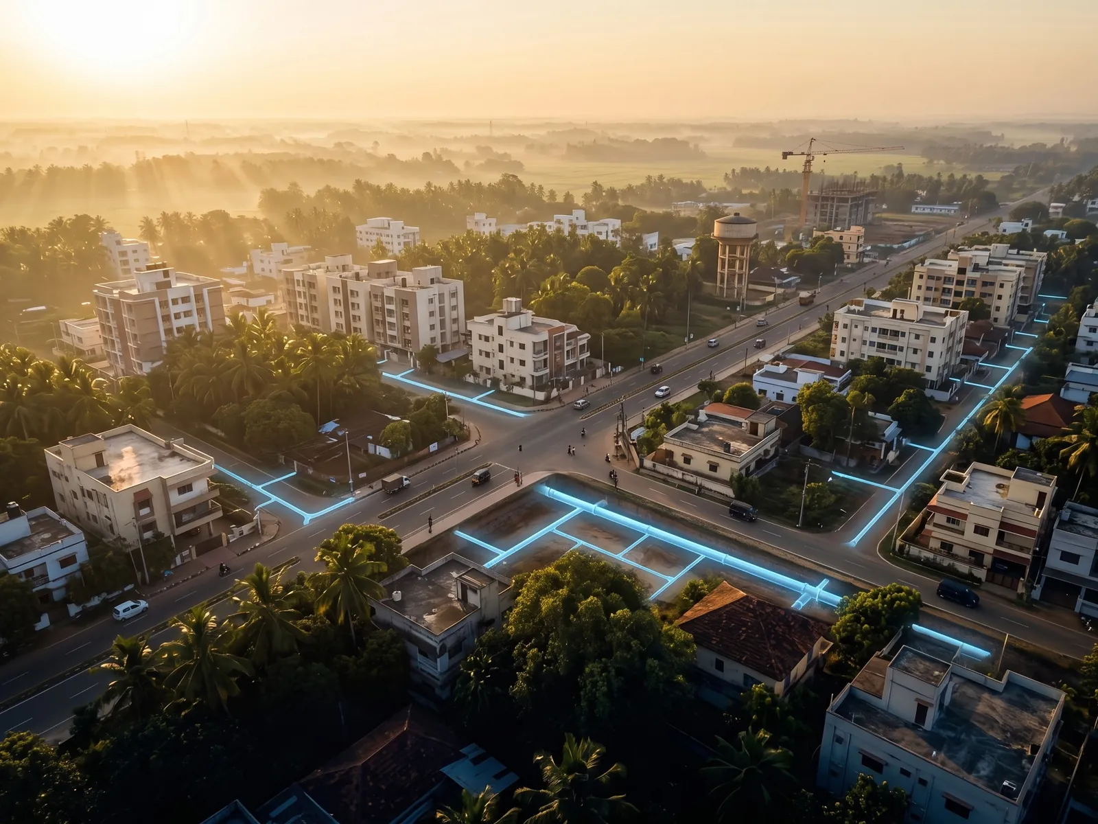 Illustration: a town from the air at sunrise, with the mains under its streets drawn in glowing blue, a water tower and a construction crane beyond.
