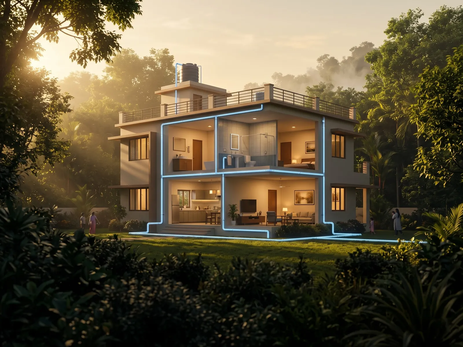 Illustration: a two-storey home at sunrise, its front cut away to show the plumbing running from the rooftop tank through the walls to every room, drawn in glowing blue.