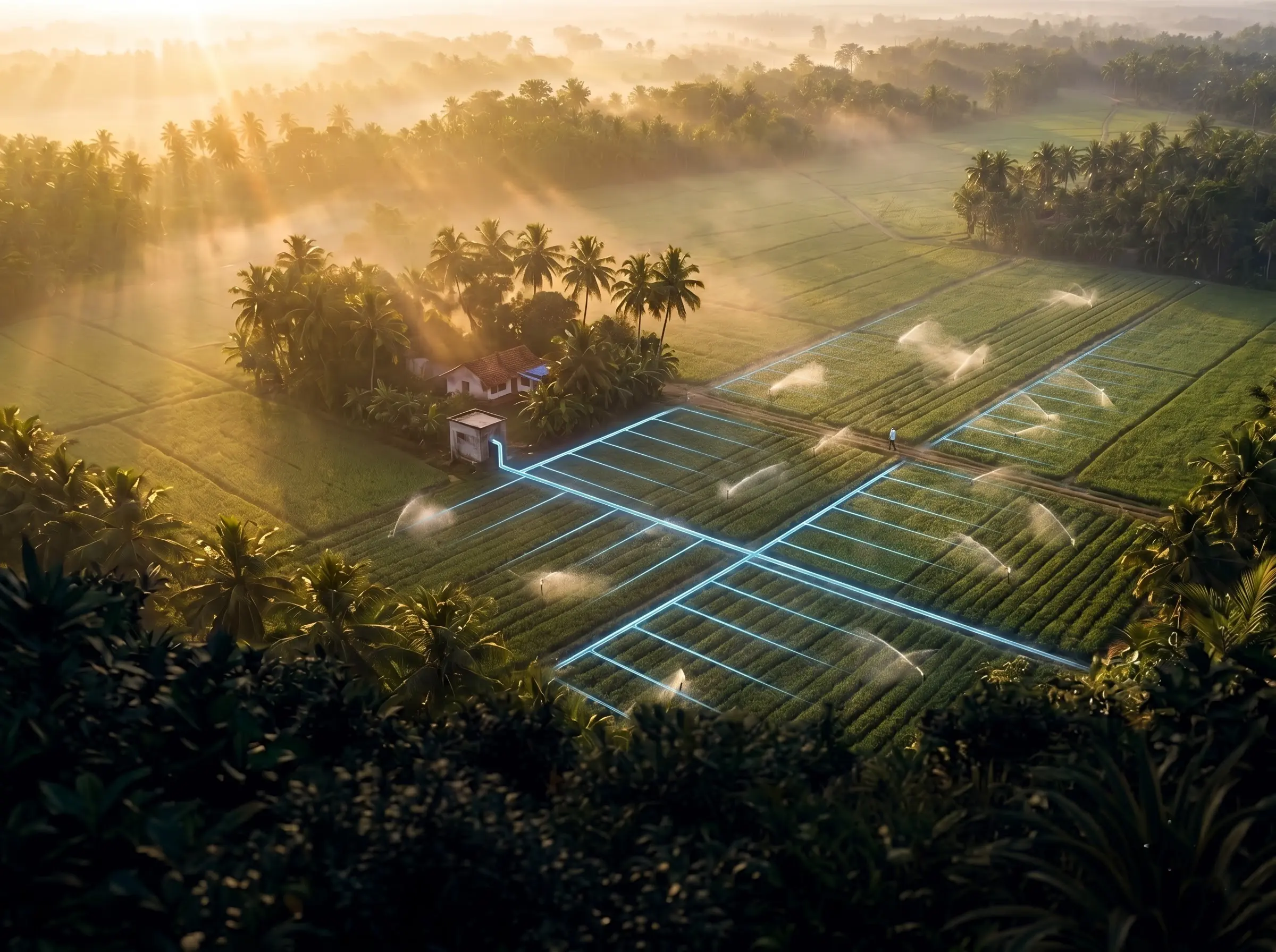 Illustration: farmland and coconut palms from the air at sunrise, with the irrigation lines under the crop rows drawn in glowing blue from a pump house.