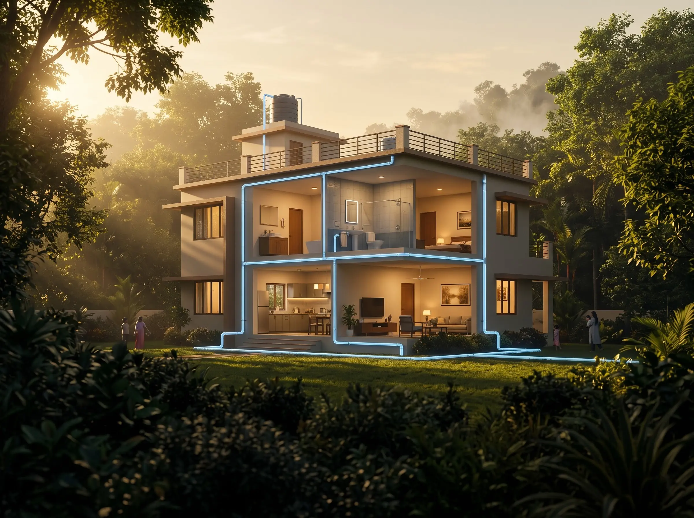 Illustration: a two-storey home at sunrise, its front cut away to show the plumbing running from the rooftop tank through the walls to every room, drawn in glowing blue.