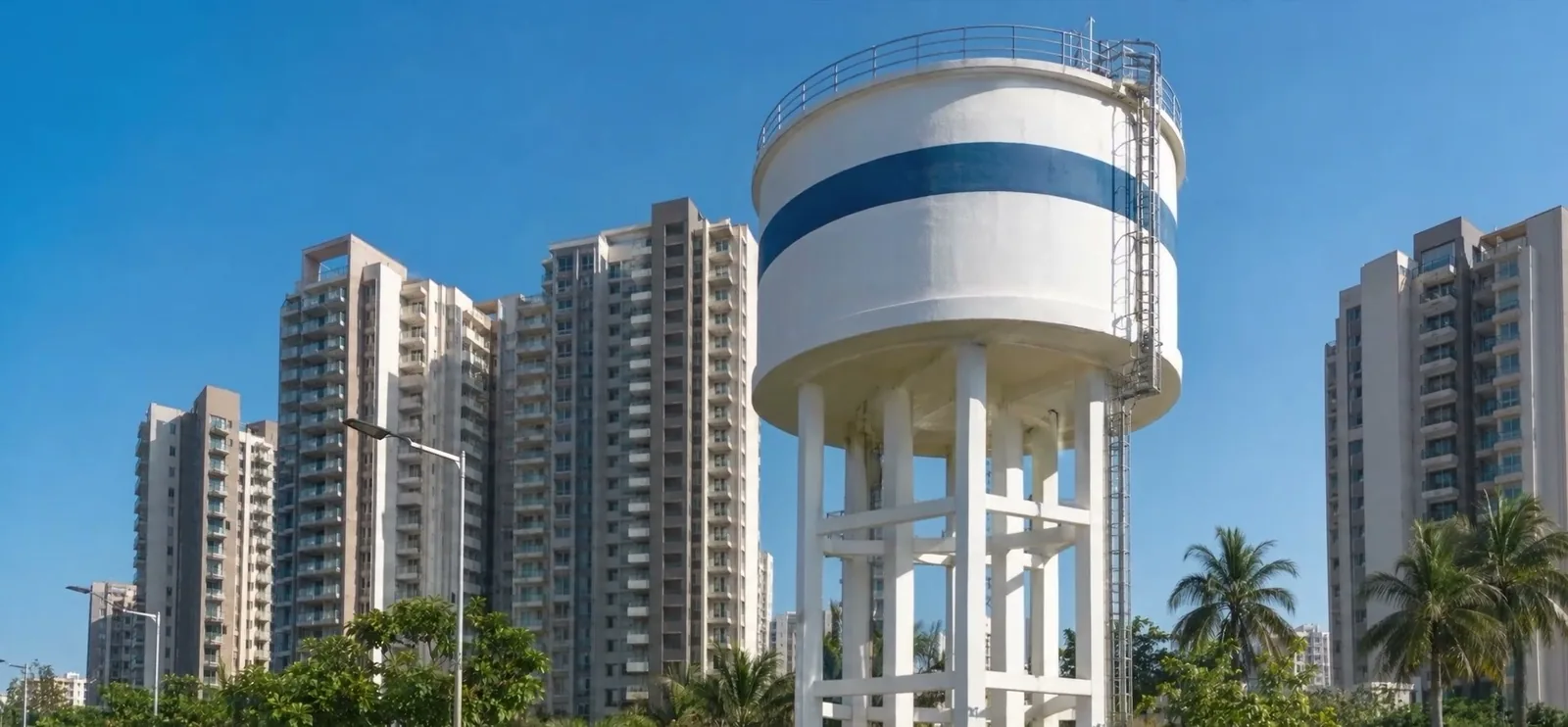 A white water tower with a blue band, standing among apartment blocks.